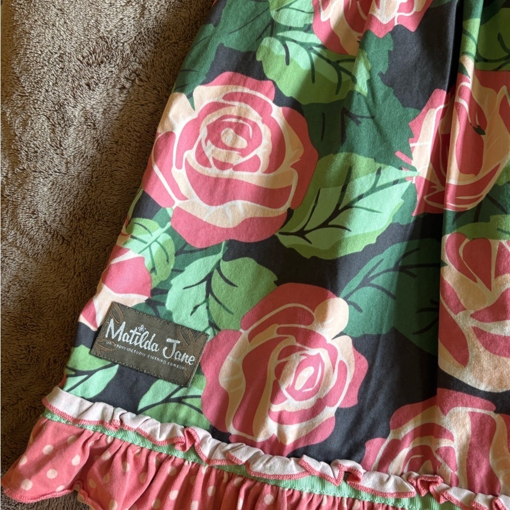 Matilda Jane Girls Floral Ruffle Dress Pink Green Rose Print Size 6 - Picture 3 of 4